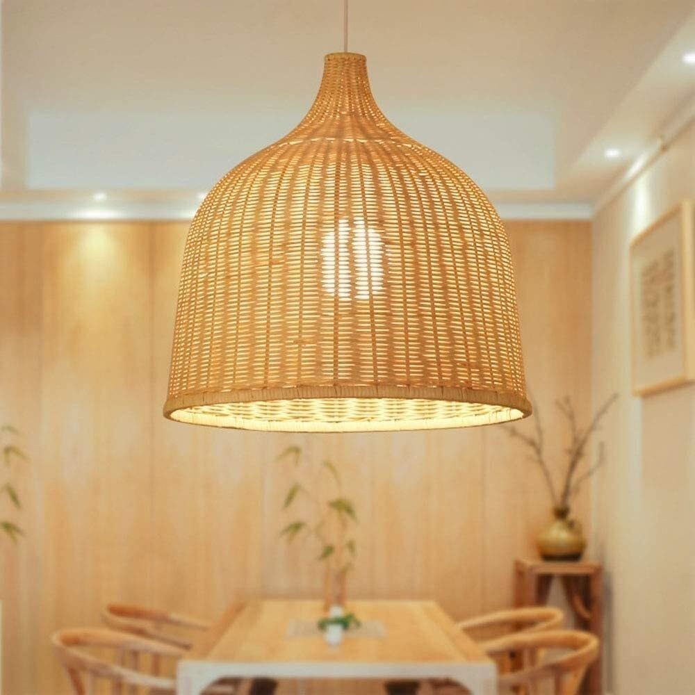 BLOOHK Boho Rattan Pendant Light, Large Hand-Woven Bamboo Chandelier, Natural Dome Wicker Basket Hanging Fixture for Kitchen Island, Dining Room, Bedroom