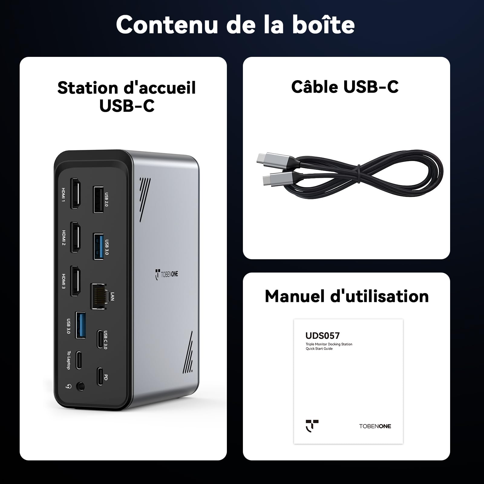 TobenONE Station d'accueil pour ordinateur portable 18 en 1 avec 3 moniteurs, triple écran 4K, 3 ports HDMI, 9 ports USB, Gigabit Ethernet, PD3.0, pour ordinateurs portables Windows/Dell/Lenovo/HP