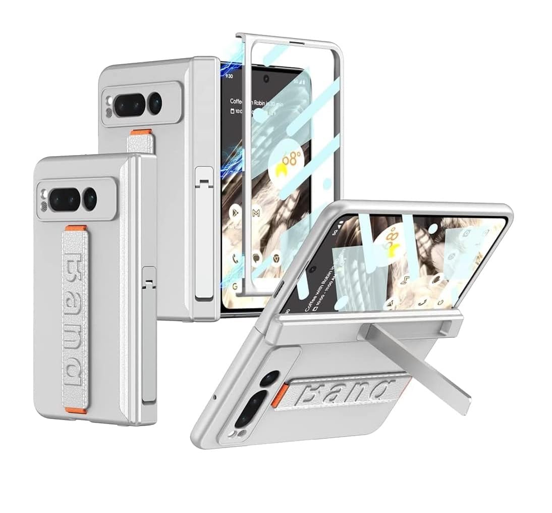Muzz Case For Google Pixel Fold Case with Strap & Screen Protector,Magnetic All-Inclusive Shockproof Cover Hinge Protection Case for Google Pixel Fold Case with Stand,Google Fold Phone Case (Silver)