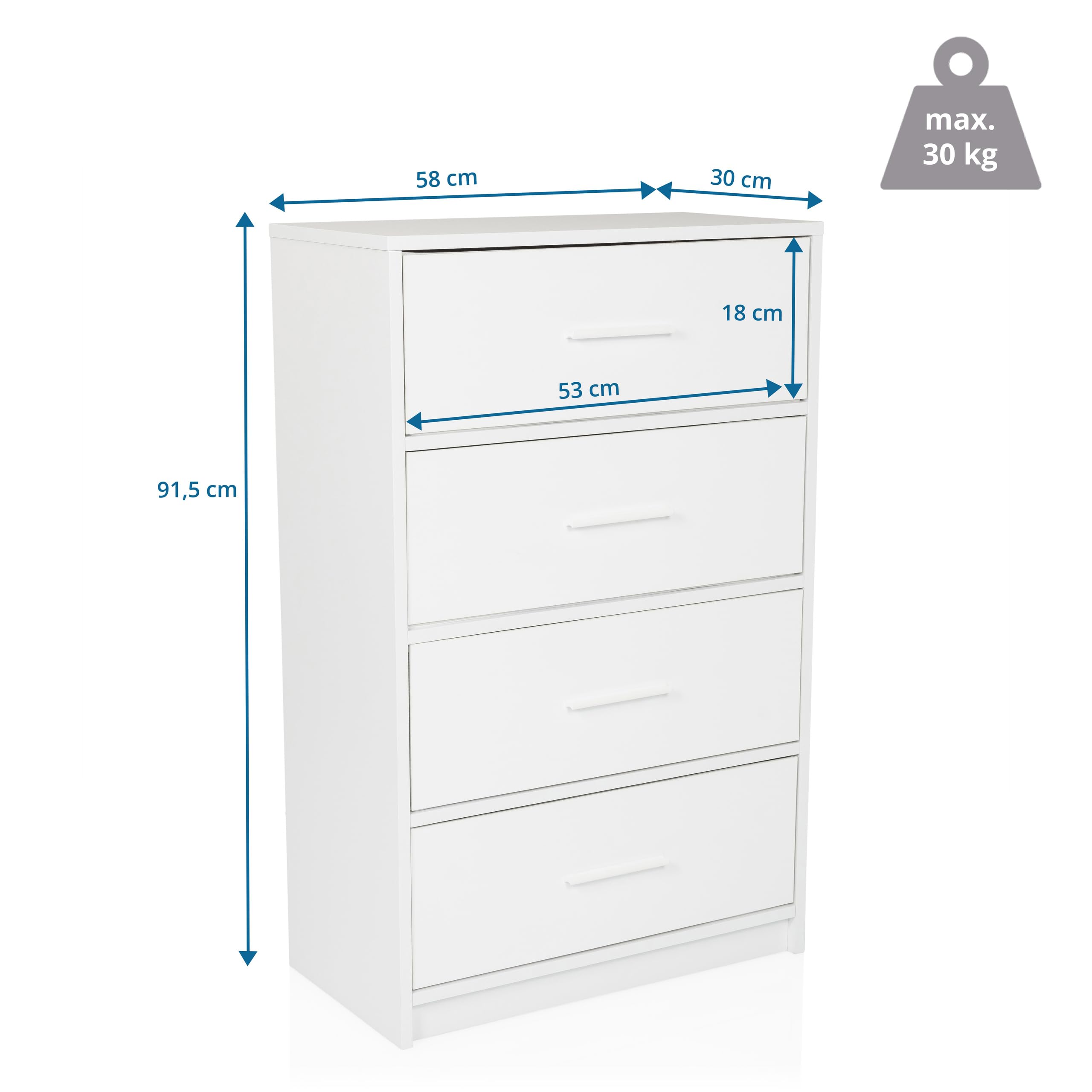 Cassettiera a 4 cassetti ESTORIA 58x30x91,5 cm Cassettiera in stile scandi per ufficio camera da letto soggiorno, bianco