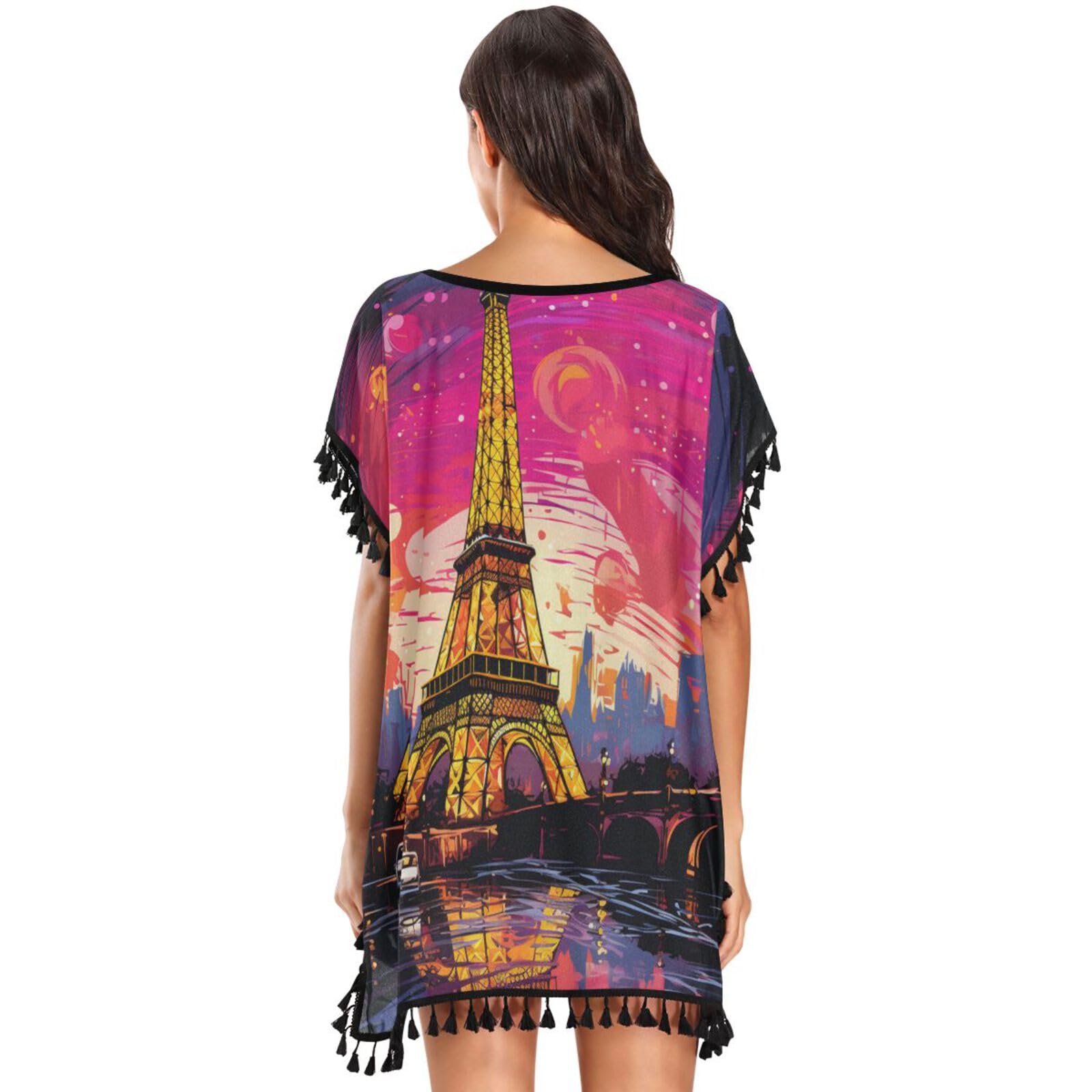 Moon Oil Art Paris Tower Women's Beach Cover Up Chiffon Tassel Swimwear Swimsuit Coverups for Girl