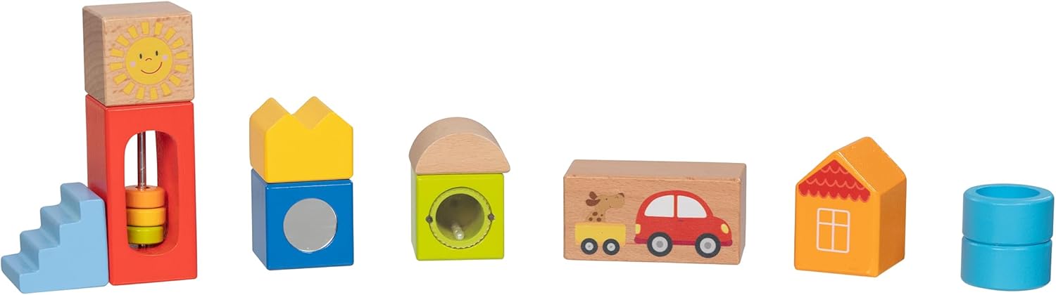 goki 58346 - Wooden Building Blocks - Colourful Building Blocks with Different Shapes and Colours as well as Balls and Beads - Motor Skills Toy for Children - 18 x 18 cm -