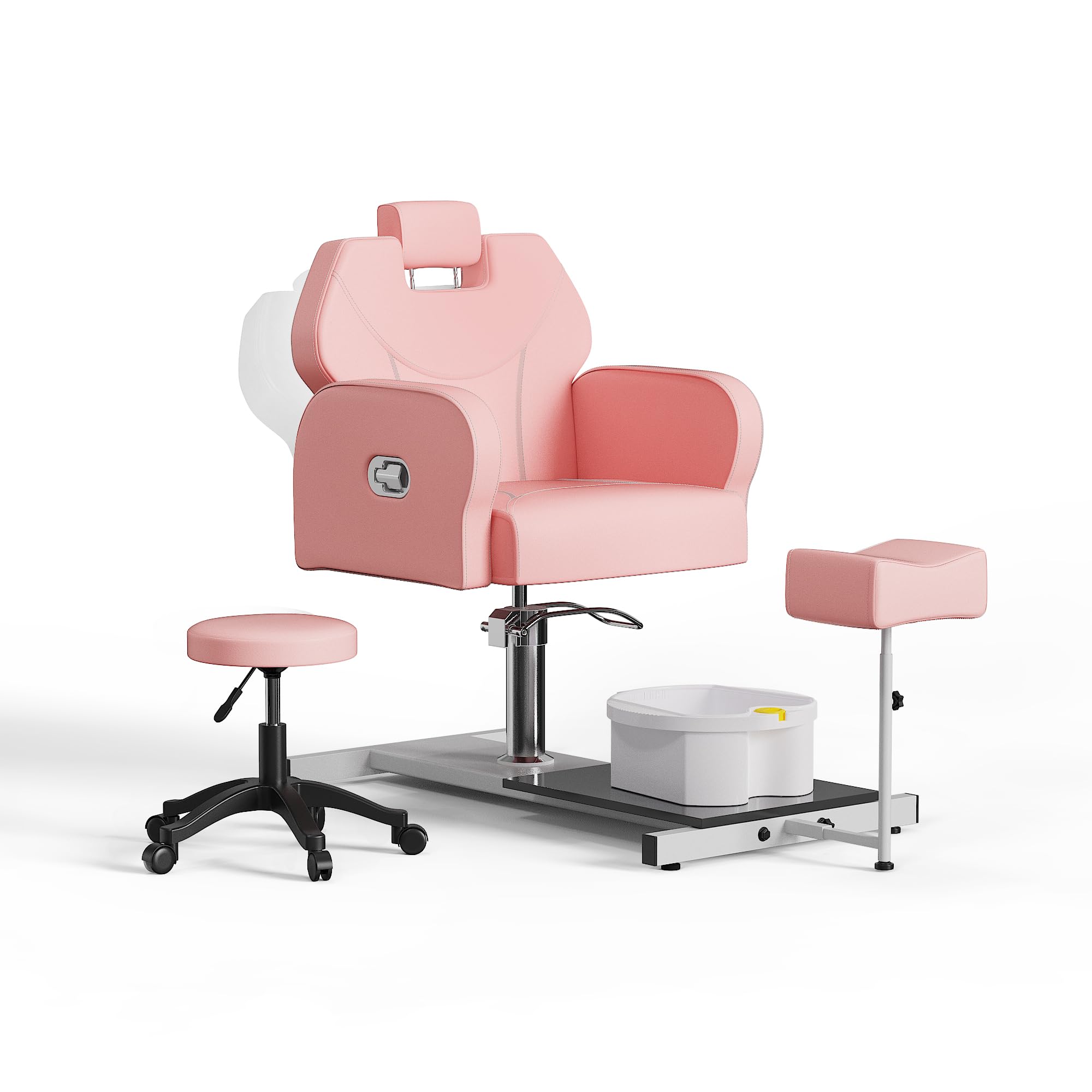 No Plumbing Pedicure Chair with Rolling Salon Stool, Reclining Pedicure Station with Heavy Duty Hydraulic, Massage Foot Bath,Footrest for Nail Tech, Pink