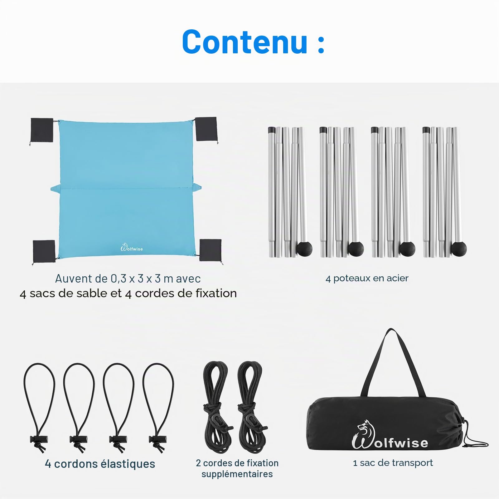 WolfWise Protection Solaire UPF50+ avec Pelle à Sable, Tente de Plage Familiale de 3 x 3 m, pour 4-8 Personnes, Facile à Installer, Imperméable et Résistante au Vent, Bleue, X-Large