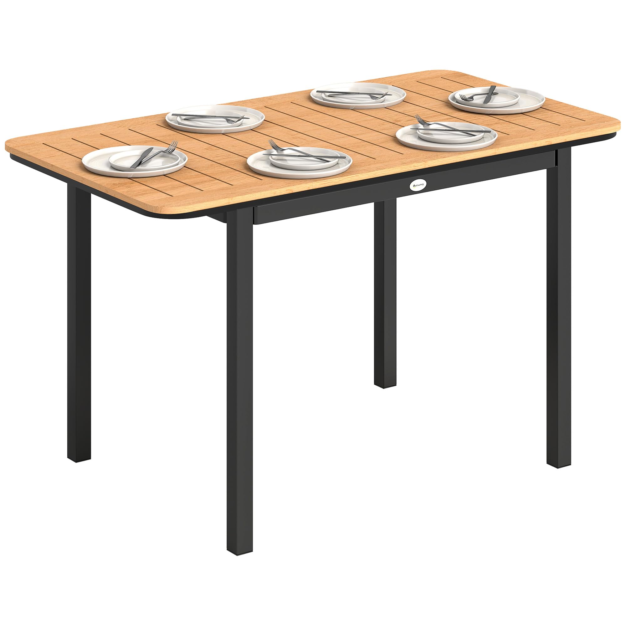 Outsunny - Mesa de jardín para 6 personas, madera compuesta, 127 x 70 cm, color marrón | Mesa de exterior rectangular, marco de metal, bandeja para láminas, muebles de terraza, para balcón y patio