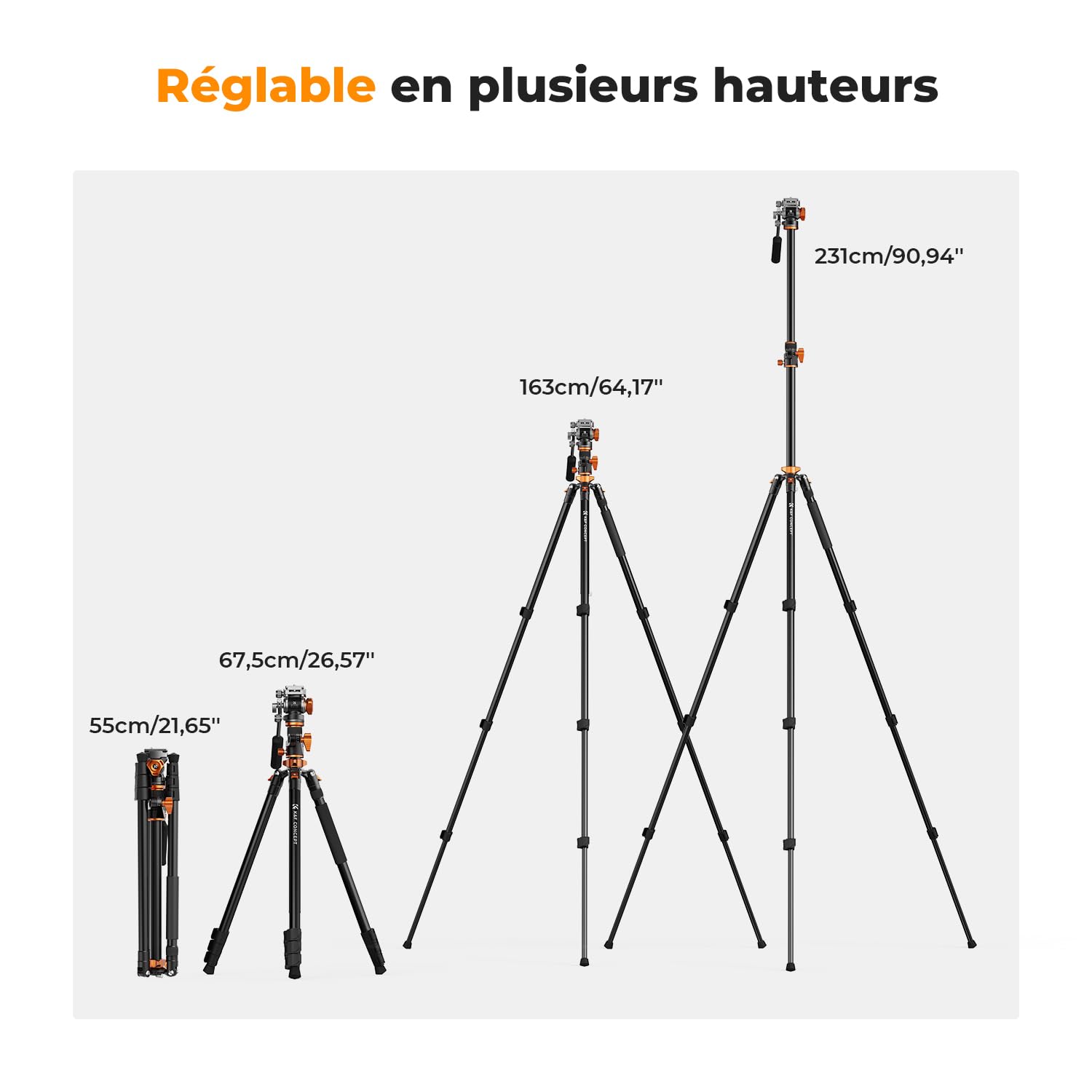 K&F CONCEPT Trépied Vidéo, 231cm Trépied Appareil Photo avec Tête Fluide Inclinaison à 90°/-90°, Horizontal à Colonne Centrale de Rotation à 360°, pour Caméra Vidéo,DSLR, Caméscope -T254A7