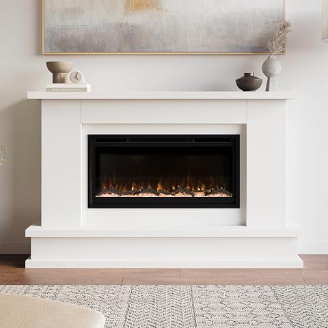 Patton White Mantel Package 64" W x 42" H with 42 Inch Electric Fireplace - 5 Fl
