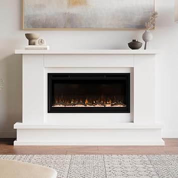 Modern Ember Patton White Mantel Package 64" W x 42" H with 42 Inch Electric Fireplace - 5 Flame Colors, 10 Ember Bed Colors, Log Kit & Crystal Embers | Alexa/WiFi Enabled