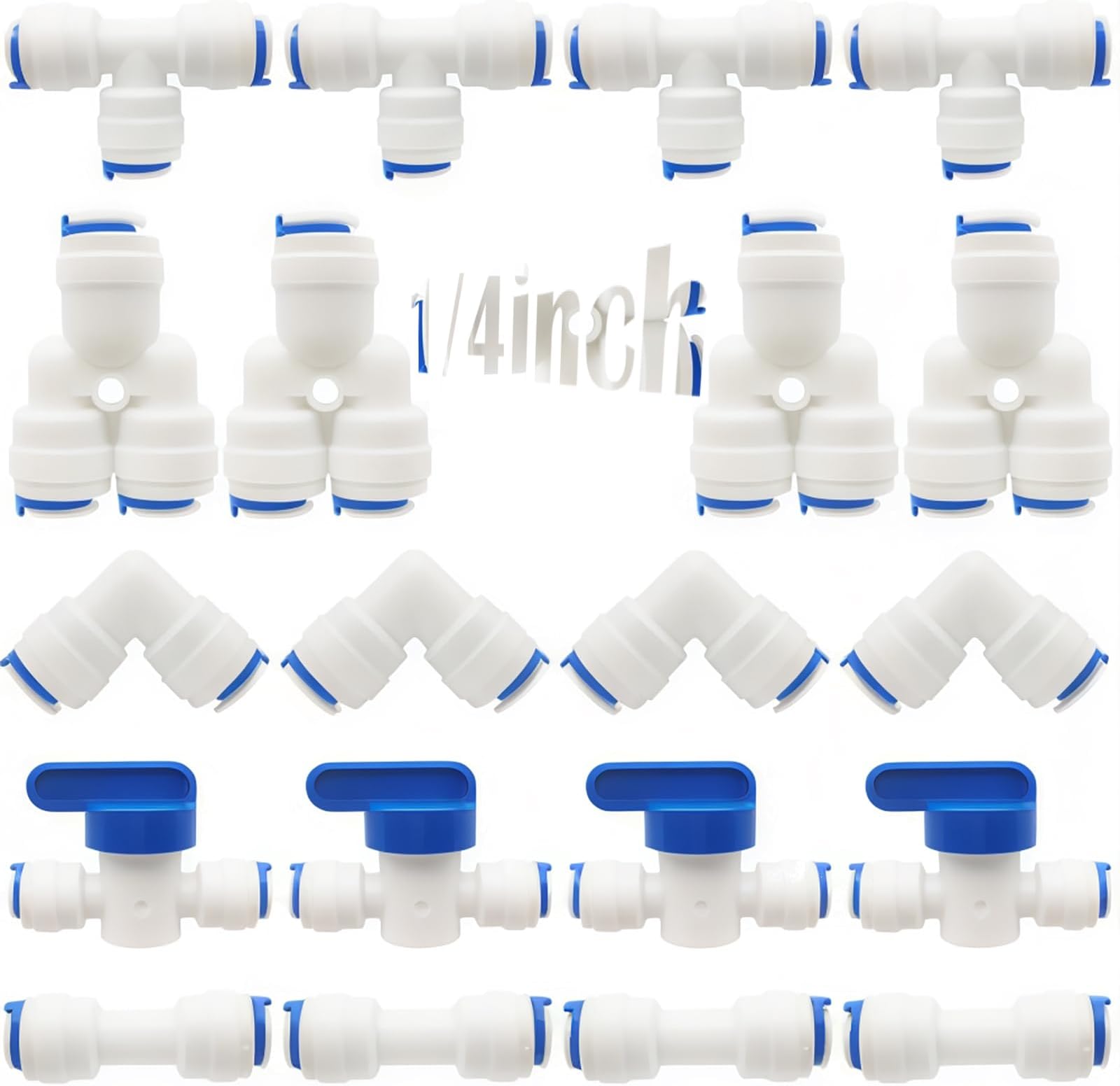 CESFONJER RO Water Filter Fitting, 1/4" Pushfit Straight Connector for Water Pipe, Push in to Connect Water Tube Fitting Set Pack of 20(Y+T+I+L Type Combo + Shut-Off Valve)