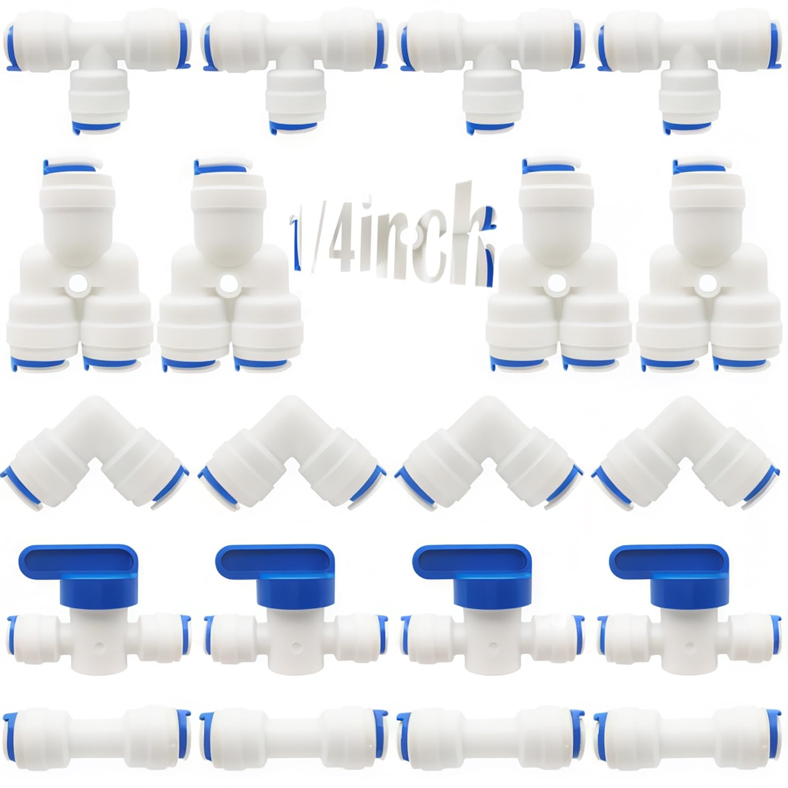 CESFONJER RO Water Filter Fitting, 1/4" Pushfit Straight Connector for Water Pipe, Push in to Connect Water Tube Fitting Set Pack of 20(Y+T+I+L Type Combo + Shut-Off Valve)
