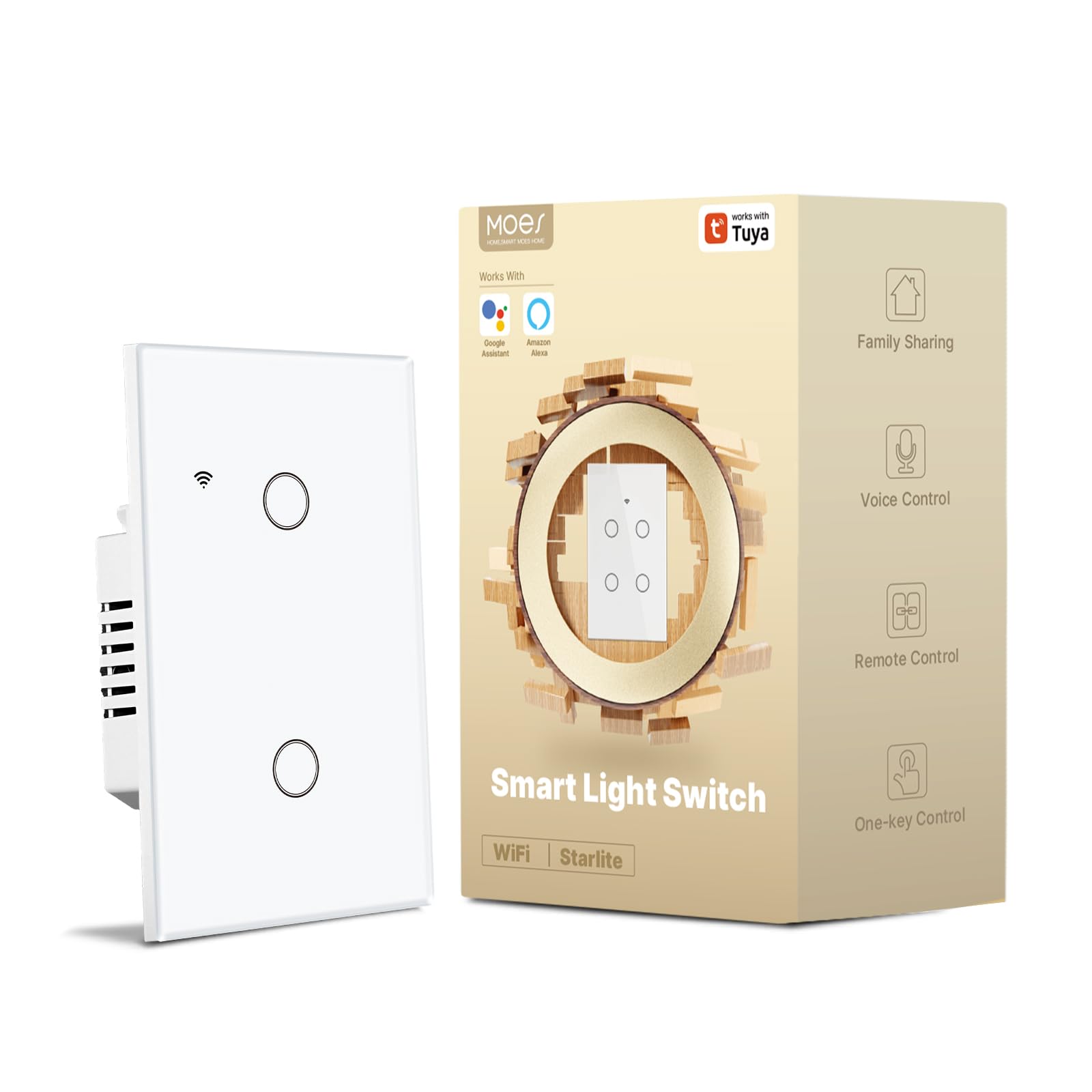MOES 2nd Generation Smart Touch Wall Switch, 2.4GHz Wi-Fi Single Fire Single Pole Switch, No Neutral Wire Required, Remote MOES APP Control,