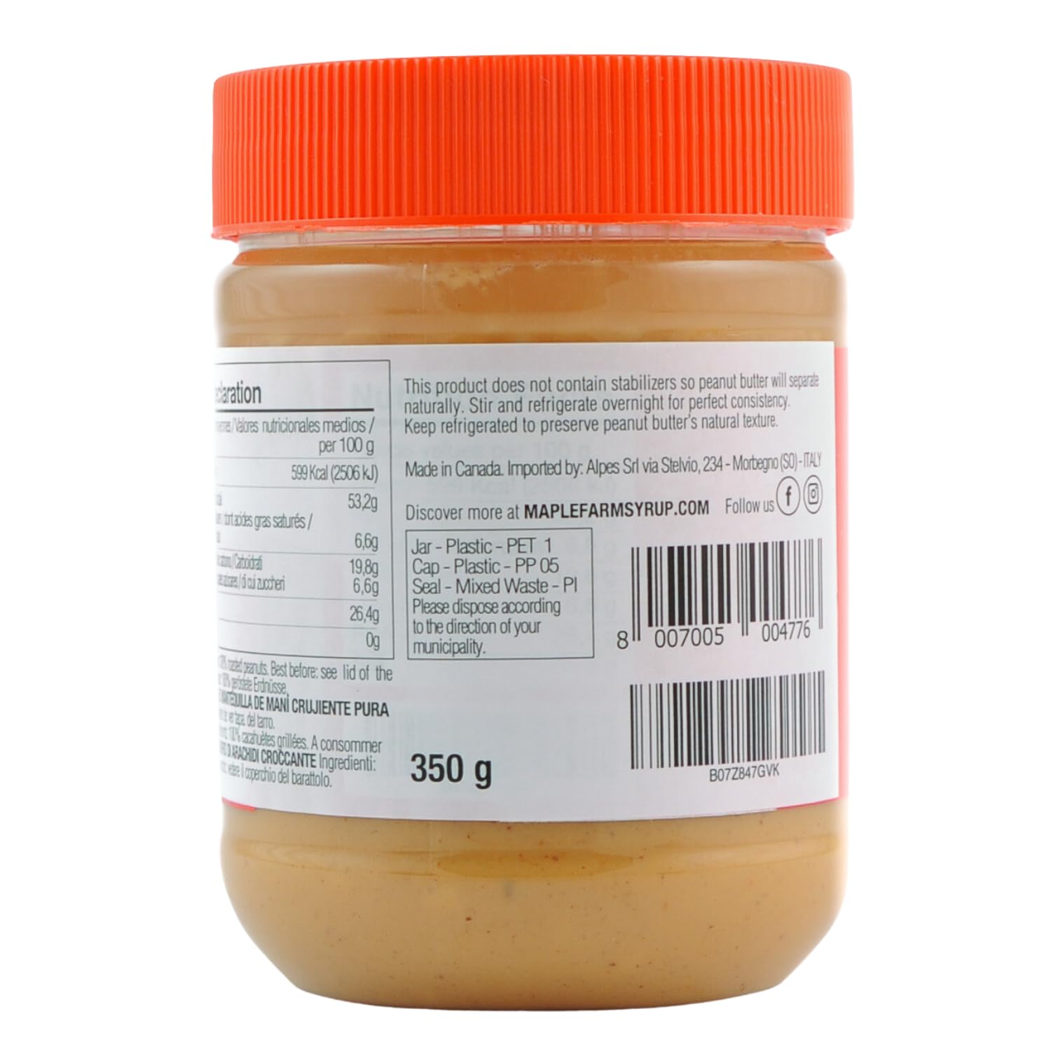 MapleFarm - 100% Puro Burro d'arachidi croccante 1 x 325g - Crema proteica e naturale - Crunchy peanut butter