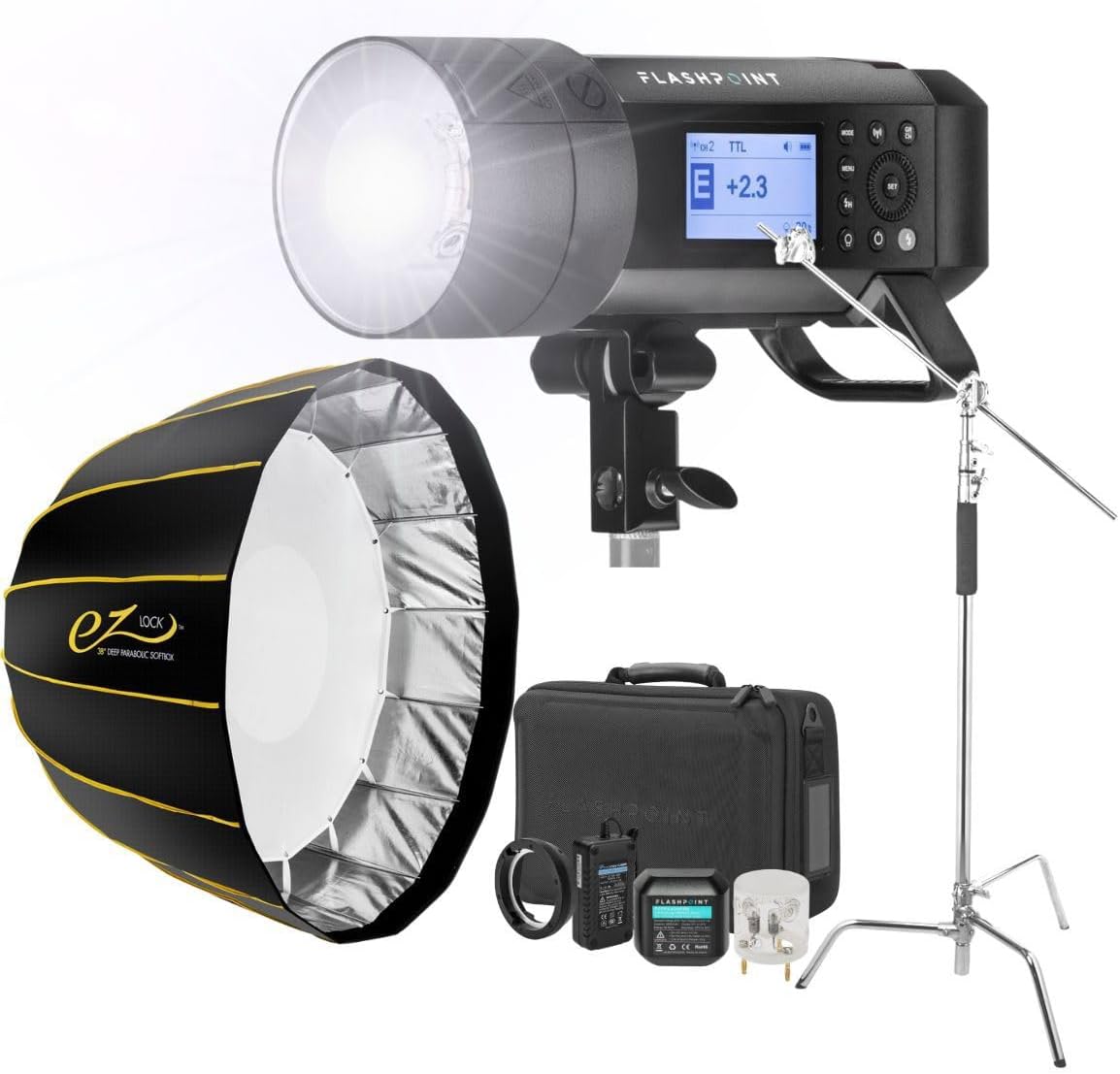 XPLOR 400PRO TTL Battery-Powered Monolight + Flashpoint 10' C (Century) Light Stand Kit w/40in Grip Arm, 2 Gobo Heads and Baby Pin (Chrome) + Glow EZ Lock Deep Parabolic Quick Softbox (48in)