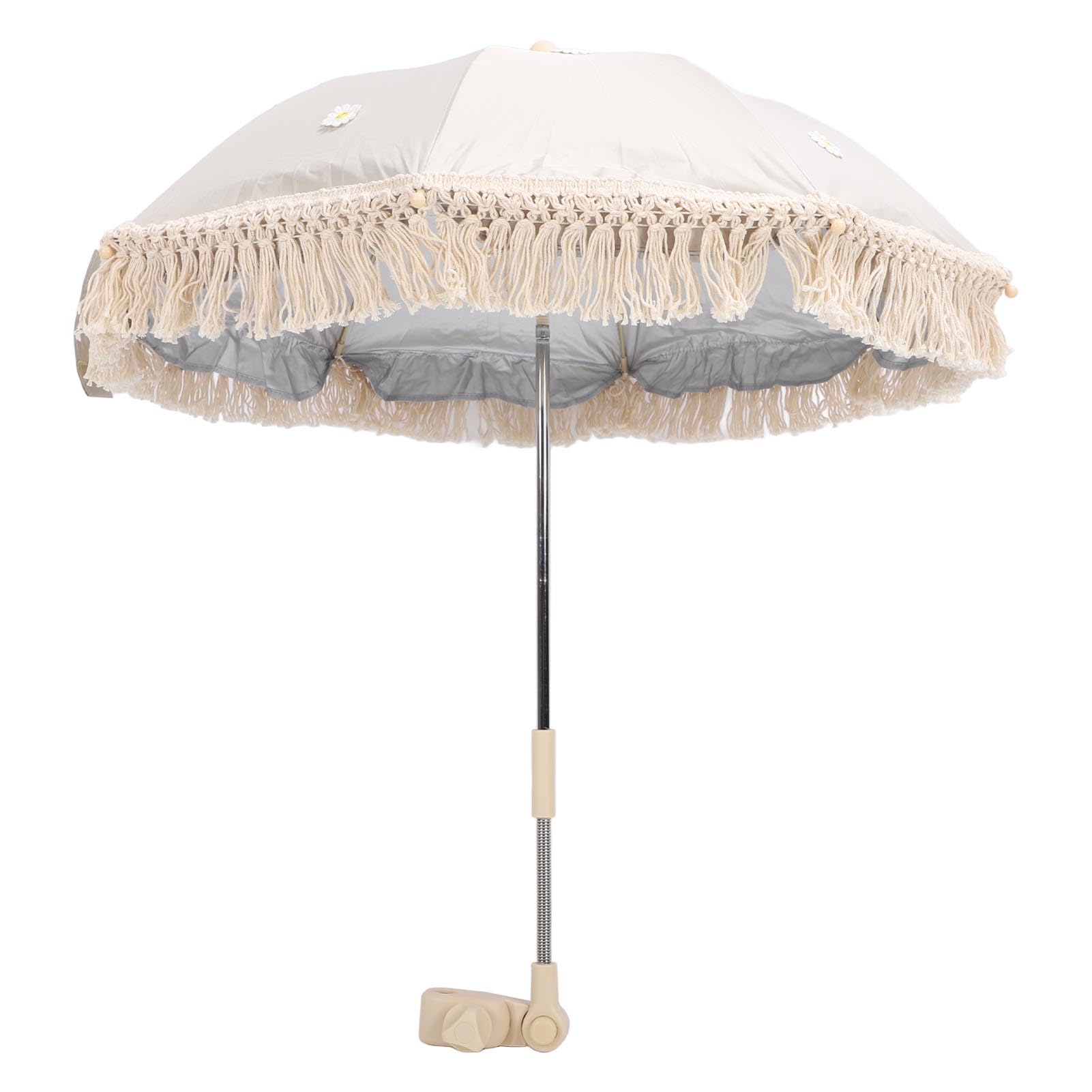 Agatige Parasol Pour Poussette De Bébé Avec Pompon, 70CM Poussette Portable Universelle Parasol De Chariot Pour Accessoires De Photographie Jardin De Bord De Mer (Beige Avec Petit Chrysanthème)