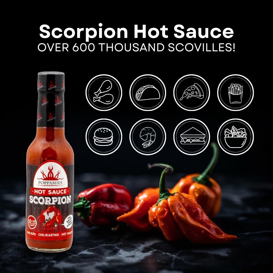 Poppamies Salsa picante Scorpion de Trinidad Chili - Extra Caliente 10+/10 - 150ml Sin Gluten Sin Lactosa Vegano
