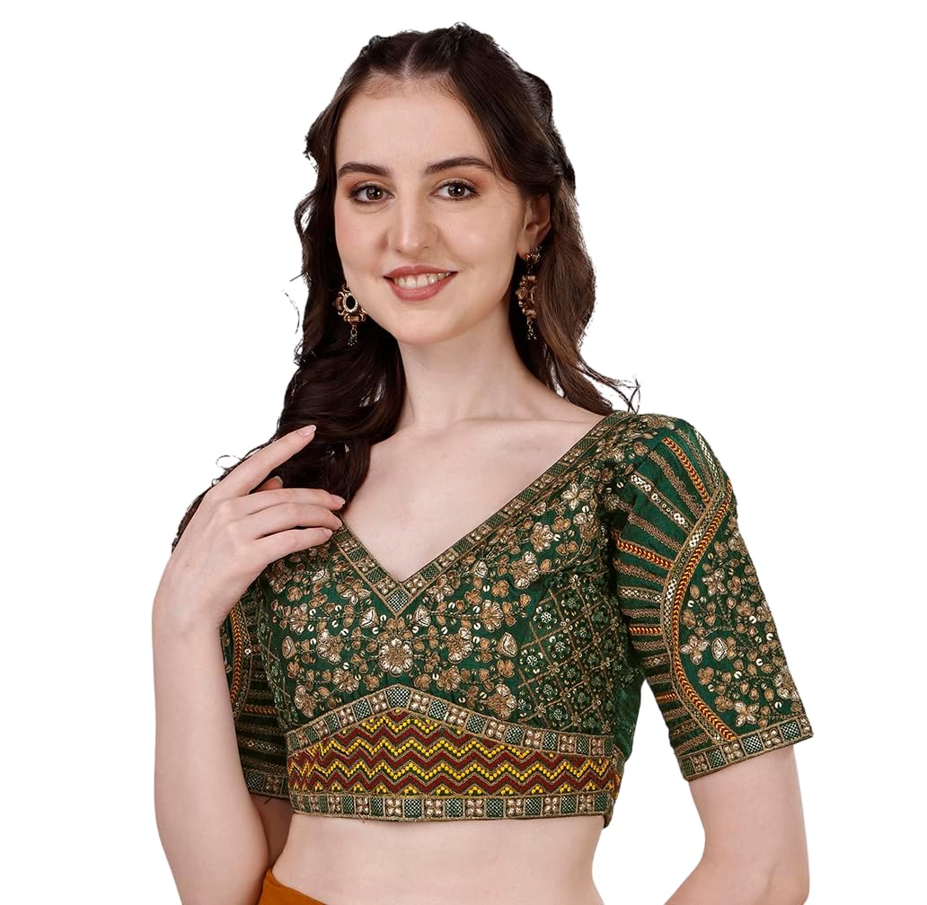 pujia mills Mills Women's Fancy Readymade Heavy Coding Embroidary Worked Half Sleeve Multicolor Saree Blouse(Mushroom)-picture-23