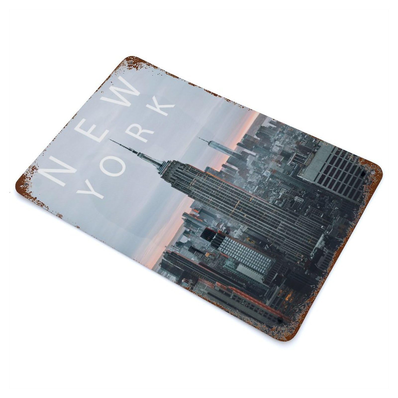 Rust Effect New York Skyline USA Weathered Tin Sign 11.8"x7.9", Classic Wall Plaque for Living Room, Hallway And Home Decor