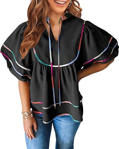 RANTART Womens Summer Babydoll Blouse Flowy V Neck Short Sleeve Top Loose Pleate