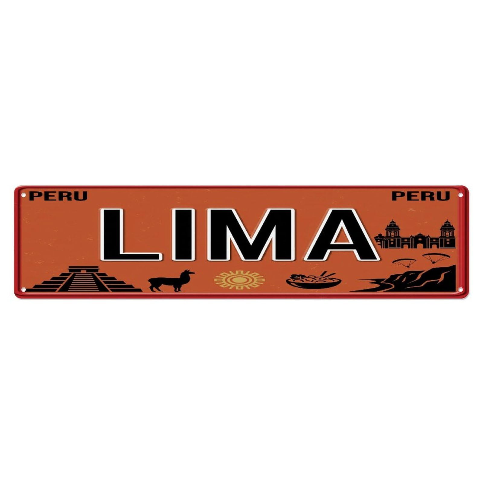 Metal Tin Sign Vintage Travel Lima Peru Machu Picchu Llama