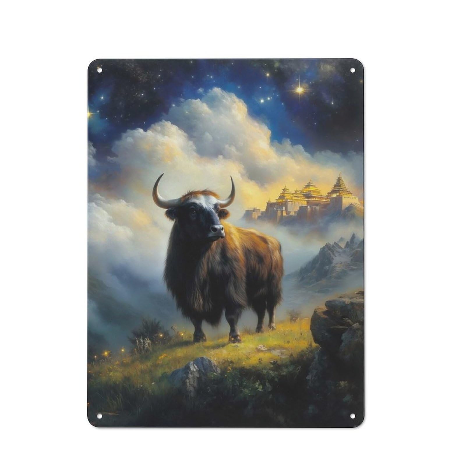 Junmoney Style-11 Metal Plaque With Yak In Mountainous Landscape With Temple Design 40X30cm, Retro Kitchen Wall Decor For Bakery, Diner, Cafe Or Family Room