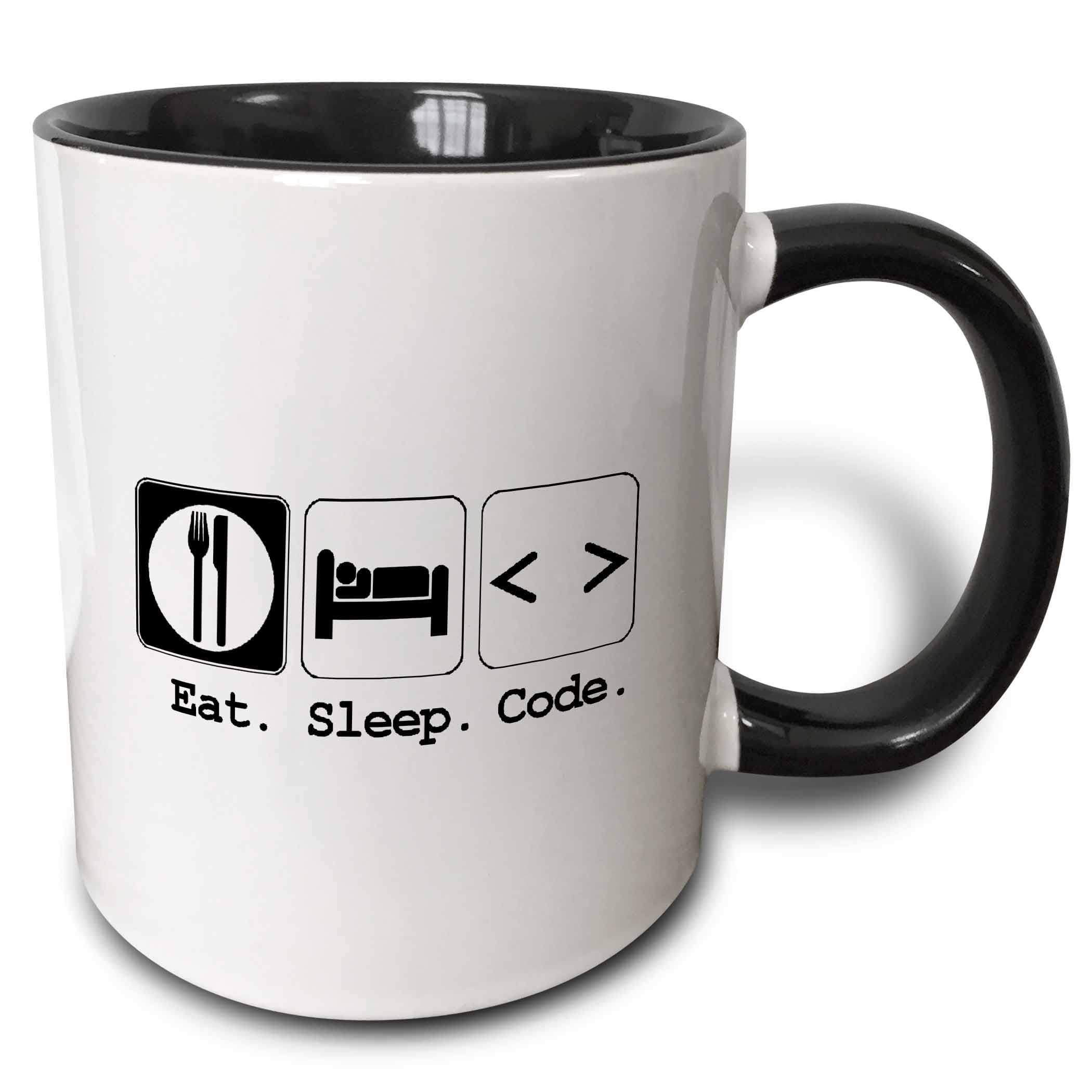3dRose Funny Hobby Lifestyle Design Eat Sleep Code - Two Tone Black Mug, 11oz (mug_116935_4), Black/White