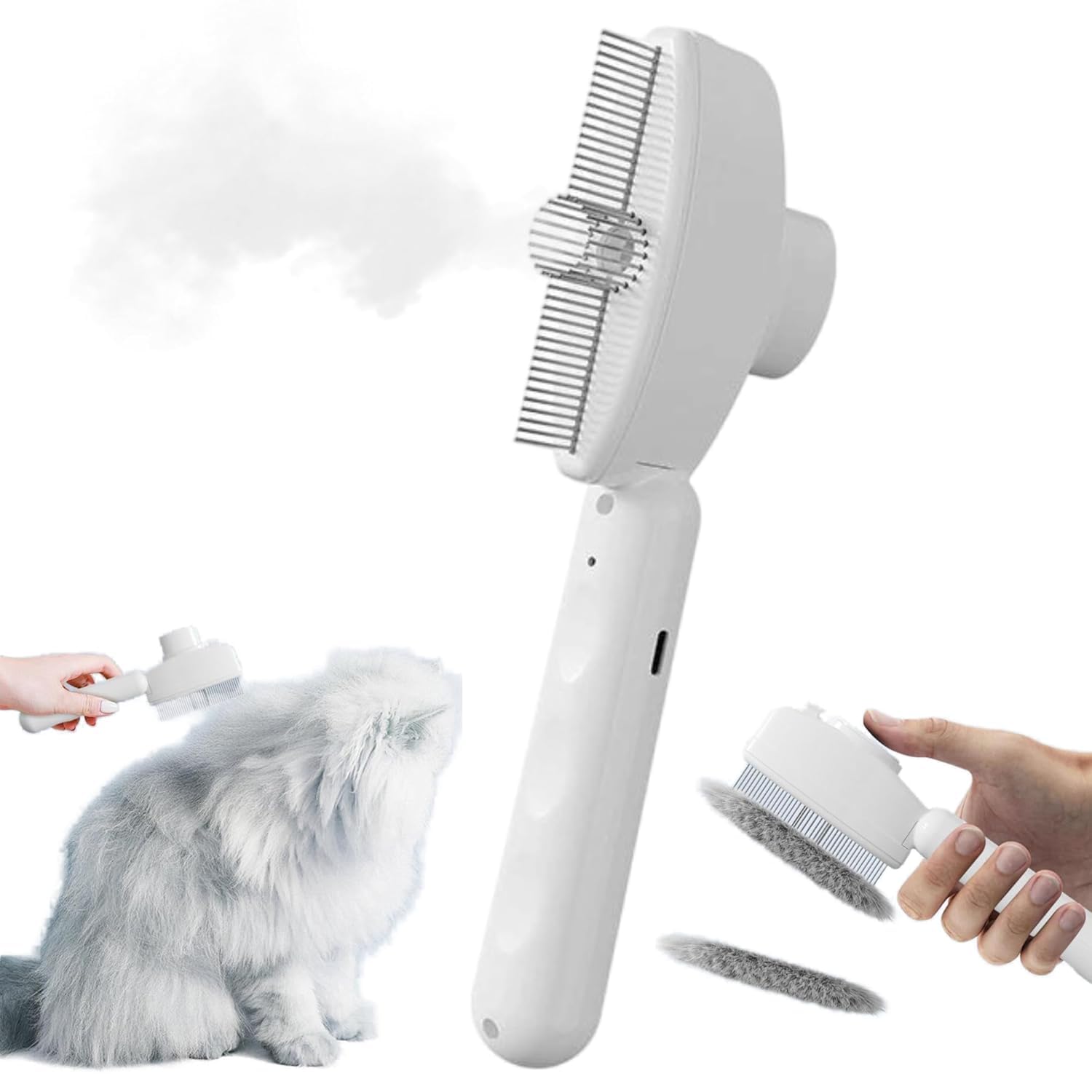 Cepillo para gatos con vapor, peine para pelo largo y corto, depilación con spray y liberación de un solo clic
