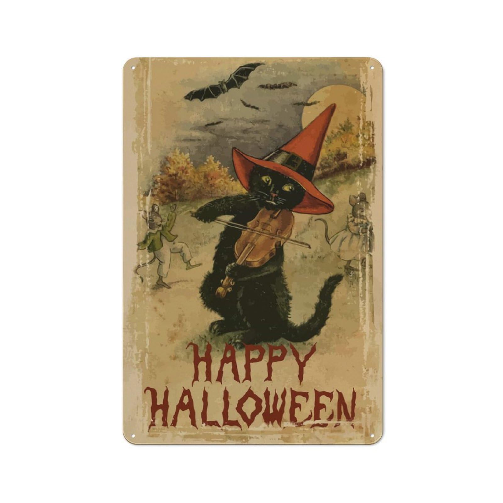 Junmoney Halloween Cat Violinist 30X20cm Rustic Metal Sign With For Hobby Room Or Studio, Metal Sign Decor For Hobby Rooms And Studios