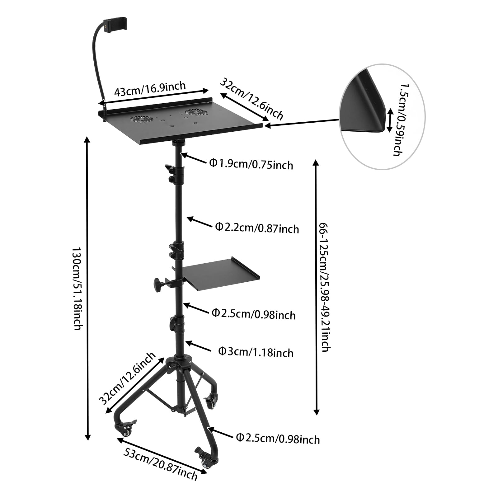 Supporto multifunzione per computer portatile e proiettore con 3 ruote (con freni), altezza regolabile e inclinazione, per laptop proiettore fotocamera, film all'aperto