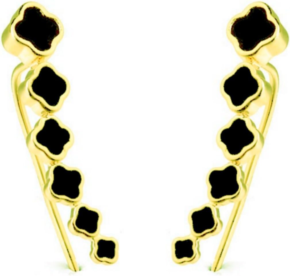 NOVELTY Ear Cuff Climbers Crawlers Sweep Cuff Black Enamel Flowers Gold Colour Inline Earrings