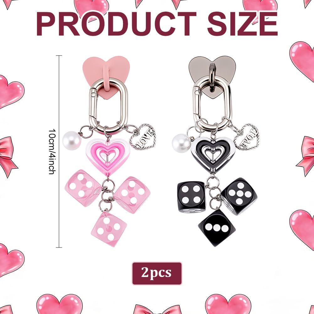 2Pcs Dice Phone Charm 2 Color Arcylic Smartphone Charm with Adhesive Hook Y2K Heart Phone Strap E-Reader Accessories Black Pinkfor Kindles Decoration Booklovers Gift Women Men image 2