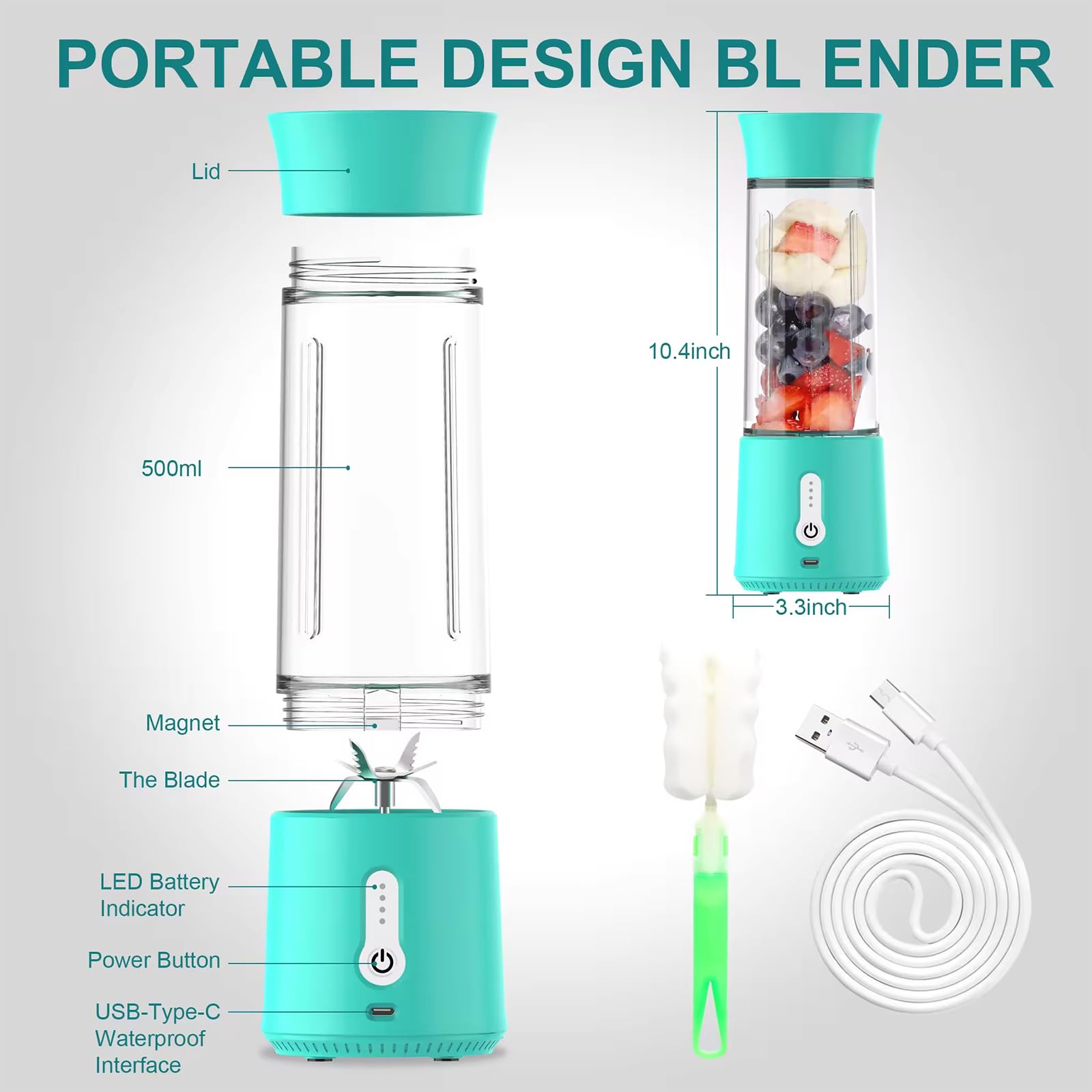 Przenośny Mini Blender Do Smoothie, Elektryczny Kubek Do Wyciskania Soku USB O Pojemności 500 Ml Z 6 Ostrzami, 25 Filiżanek Po Pełnym Naładowaniu, Do Biura, Siłowni, Kempingu, Podróży
