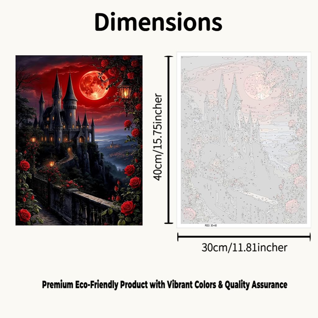 CraftBliss Red Rose Castle Paint by Numbers Kit for Adults, 12x16 Inch Frameless DIY Oil Painting, Gothic Fantasy Blood Moon Digital Canvas Art Craft for Beginners, Home Wall Decor Gift for Art Lovers