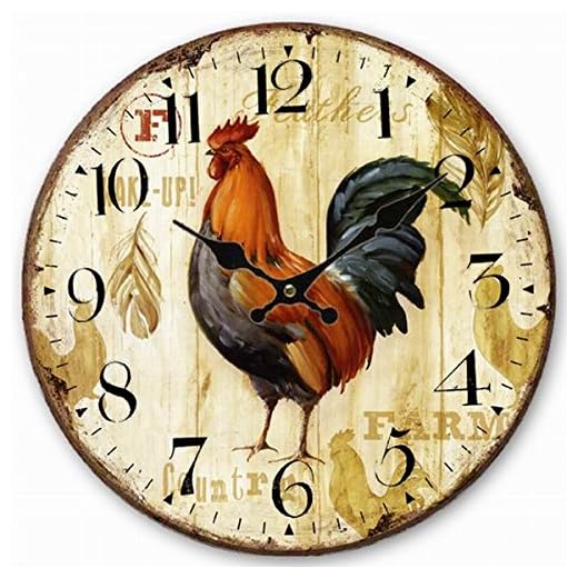 Telisha Wooden Wall Clock Rooster Chicken Clock Retro Vintage Large Clock Home Decorative Country Non -Ticking Silent Quiet 14 Inch Gift