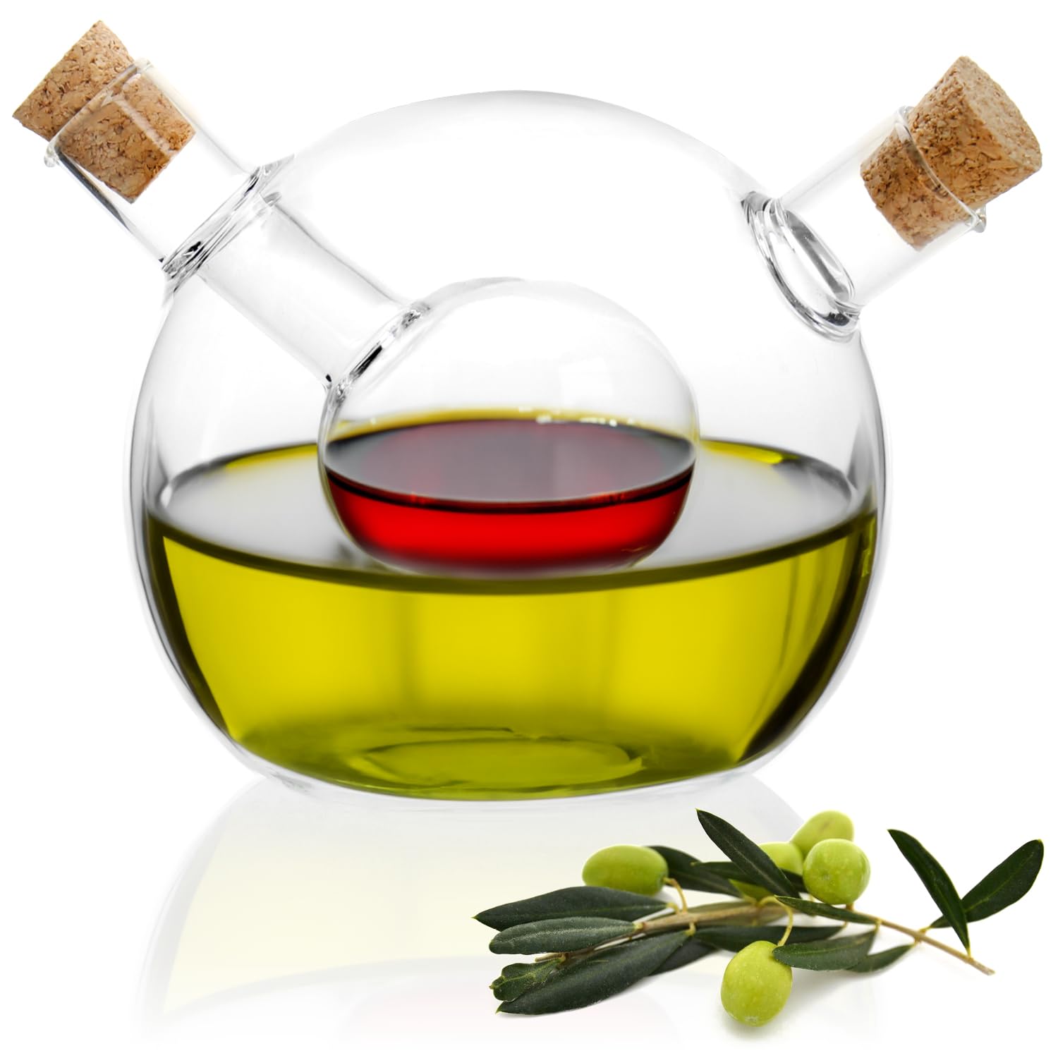com-four® oil and vinegar bottle with cork - 2 in 1 glass carafe for filling - glass bottle with insert and 2 openings 42 ml, 300 ml - oil and vinegar dispenser Ø 10 cm (1 piece - 2 in 1)