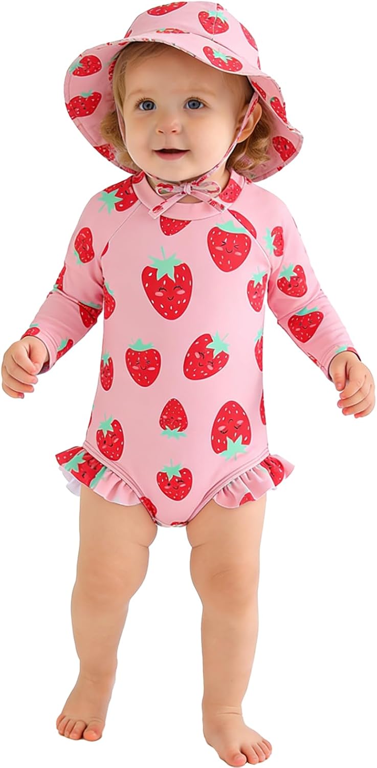 Baby Girl Swimsuit Long Sleeve One Piece Rash Guard with Sun Hat Zipper Bathing Suit Size 0-2T
