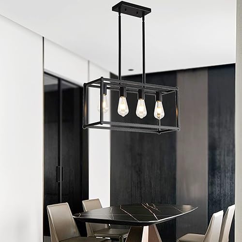Miniatura 6 de LIGOTFIRE Candelabros modernos, rectangulares, color negro, 4 luces, accesorios de iluminación colgantes, jaula de isla de cocina, colgante lineal,