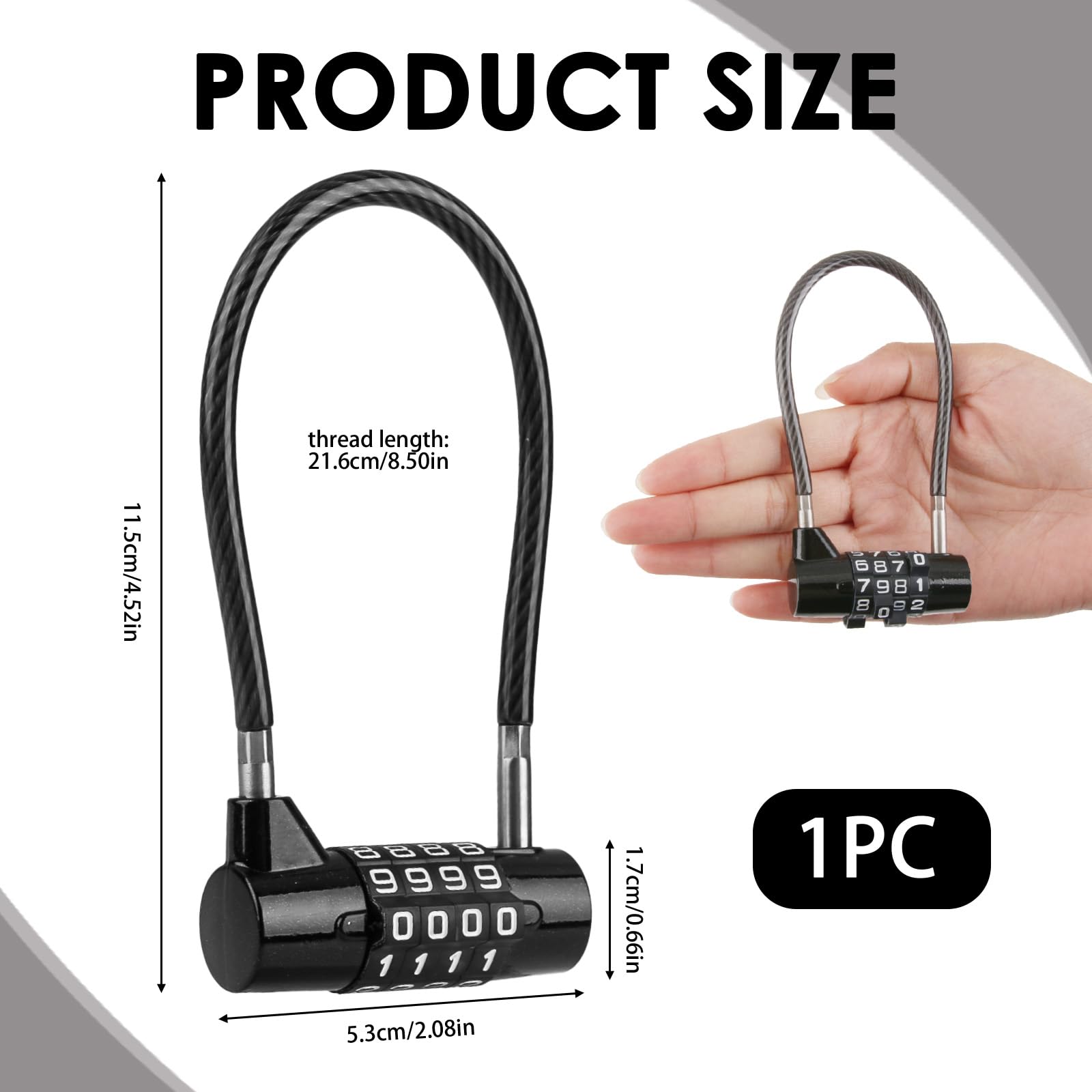 4 Digit Combination Padlock, 3/16" Diameter 7" Length with Steel Cable, Secure Lock - Image 3