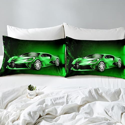 Miniatura 5 de Feelyou Juego de funda de edredón de coche deportivo, ropa de cama verde de carreras para niños y niñas, edredón de deportes extremos, velocidad