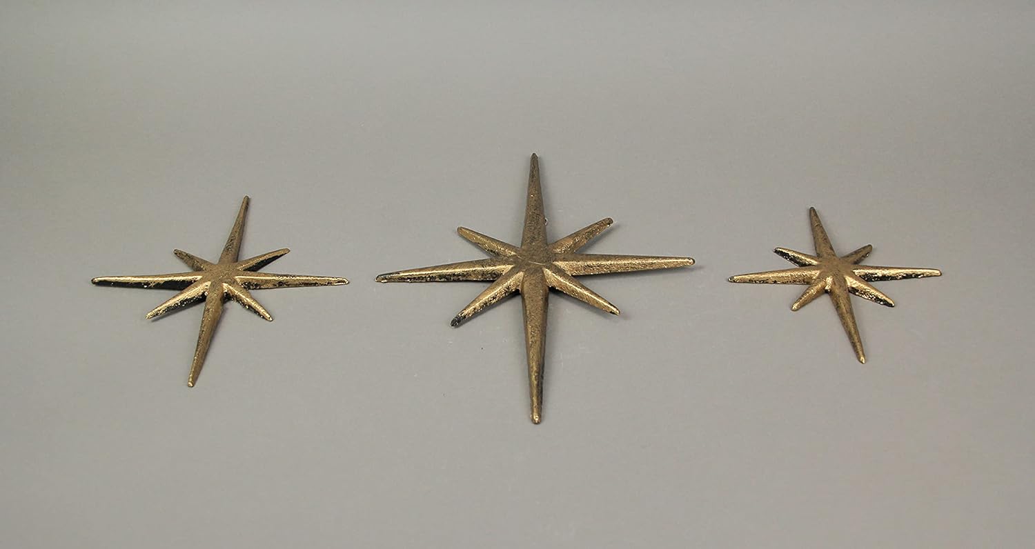Zeckos Radiant Trio of Large Metallic Gold Cast Iron Starburst Wall Hangings - Timeless Mid Century Modern Décor - 8 Pointed Stars - Elegantly Transform Your Space