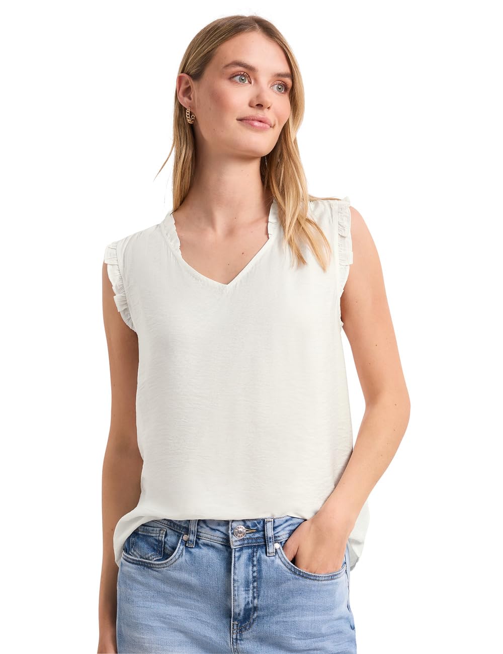 Street One Blouse Top with V-Neck and Ruffles Off White 38