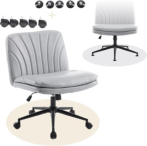 Criss Cross Chair with Wheels and Dual-Purpose Footrest 330LBS Capacity Adjustable Swivel Rolling Desk Chair with Waxed PU Upholstery Grey Cross