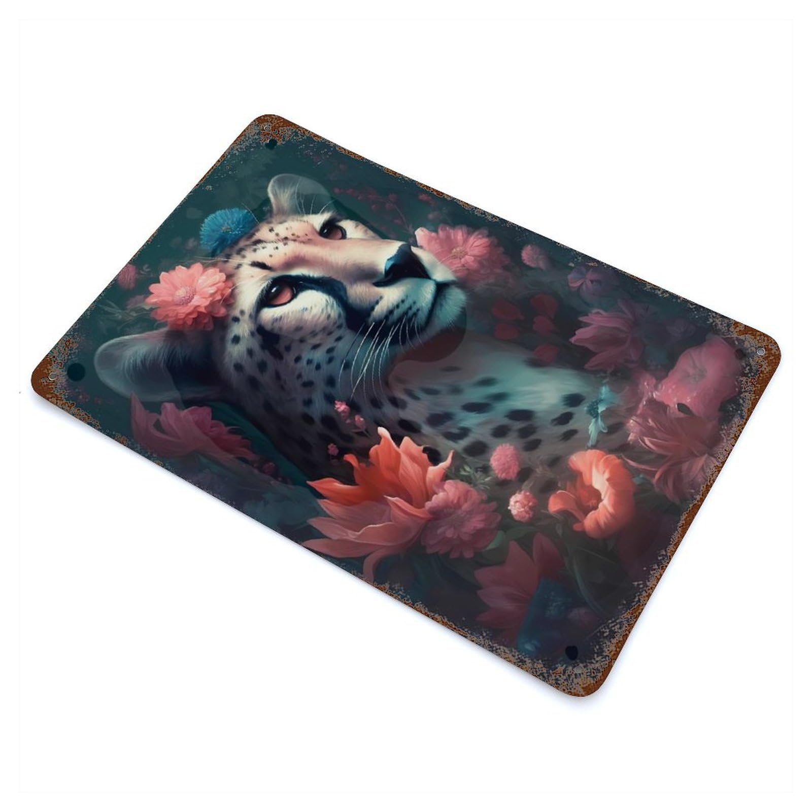 Aged Metal Wall Plaque with Cheetah Quaint Design 11.8"x7.9", for Basement, Hobby Room And Garage Decor, Classic Wall Plaque