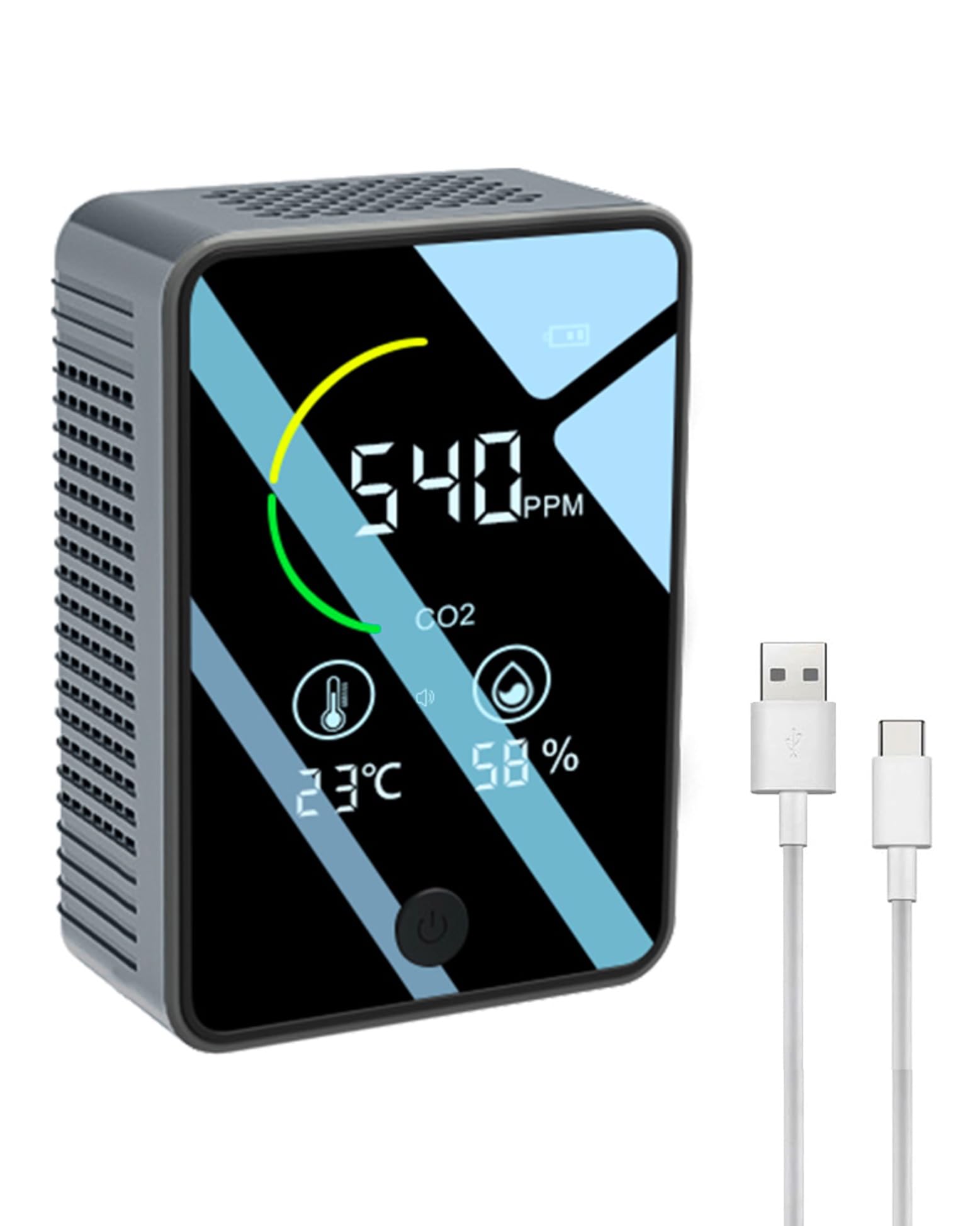 TOMO Compteur de CO2-3 en 1- Moniteur de Qualité de l'Air, Température, Humidité - Batterie jusqu'à 6 Heures - CO2 Mètre PM2.5 - Capteur NDIR - Compteur de Particules - Alarme Intelligente