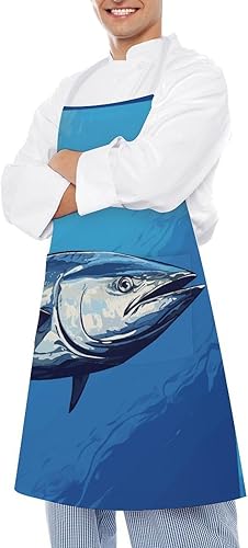 Miniatura 4 de Personalized Colorful Tuna Adult Apron, Kitchen Cooking Aprons for Woman Man, Adjustable Bib Apron with Pocket for Baking, BBQ Crafting Outdoors,