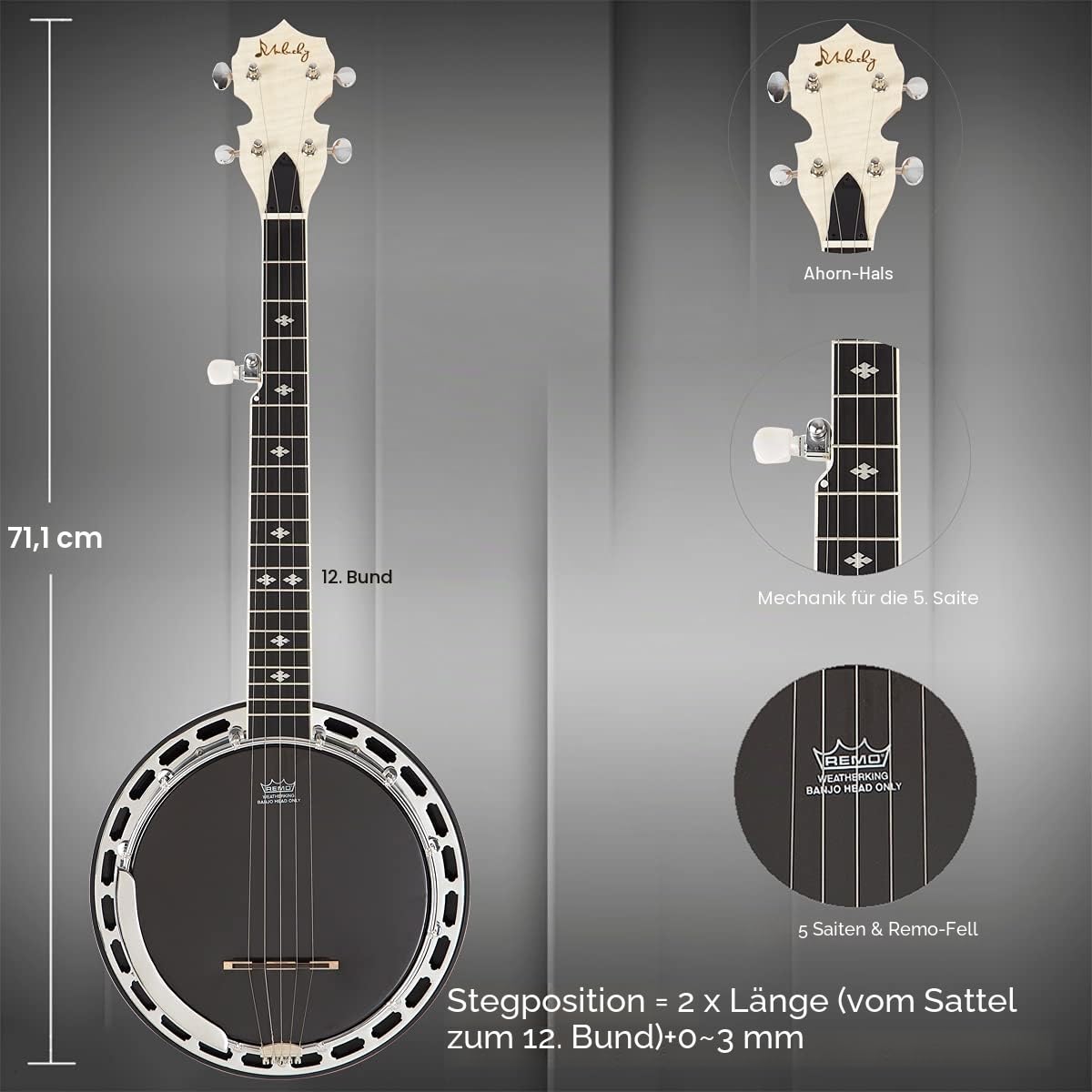 Mulucky 5-saitiger Banjo Mini, Reise-Banjo mit Remo Kopf, Resonator und 5. Stimmgerät, Anfangsset mit Stimmgerät, Gurt, Schlüssel, Plektren, Lineal – B803