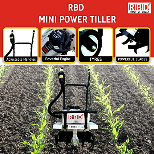 Image of RBD 3HP 2-Stroke AIR Cooled Petrol Mini Tiller Cultivator - Heavy Duty Power Weeder for Agriculture Farming, Soil for Plants Home Garden, Vegetable Garden & Crop with High Strength Steel Blades