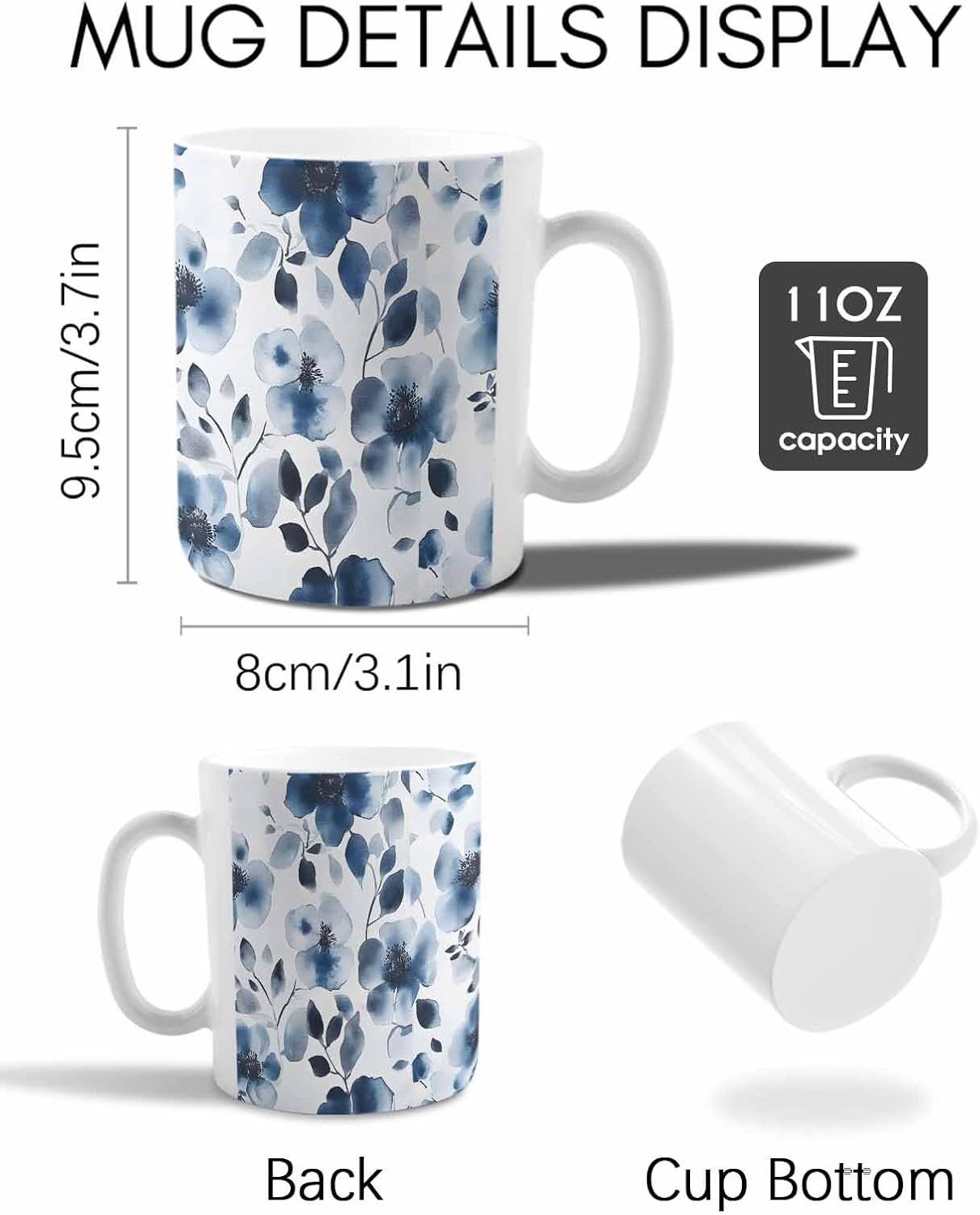 BEMIGO Ceramic Coffee Mug Floral Ceramic Mug White Cup, Watercolor Blue Flower Spring Insulated Coffee Cup with Handle with Pattern Perfect for Tea and Hot Beverages, 12oz