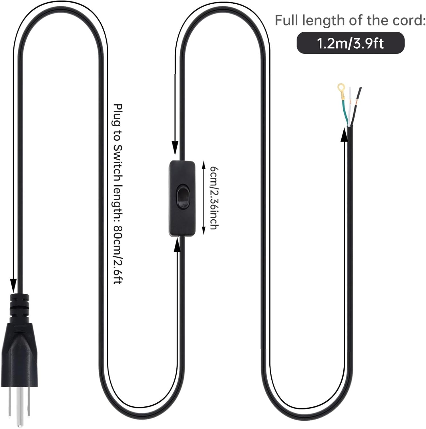 RTNLIT 3-Prong Power Cord with Open Wiring & On/Off Switch, 4ft Power Extension Cord, 18 AWG (6A)