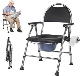 Silla WC Inodoro para Adultos Mayores - Acero Inoxidable Completo - Altura Ajustable 5 Niveles - 160 kg de Carga - Con Bolsa de Basura, Escobilla y Soporte para Papel