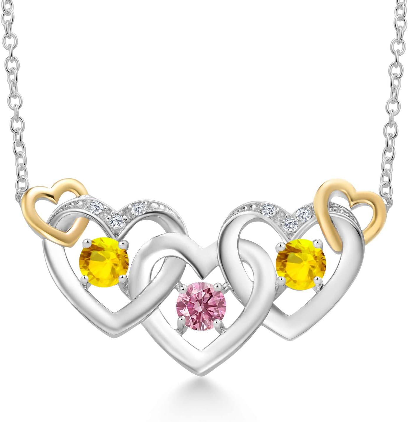 Gem Stone King 925 Silver and 10K Yellow Gold Pink Lab Grown Diamond Yellow Sapphire Heart Shape Pendant Necklace For Women (1.03 Cttw, with 18 Inch Chain)